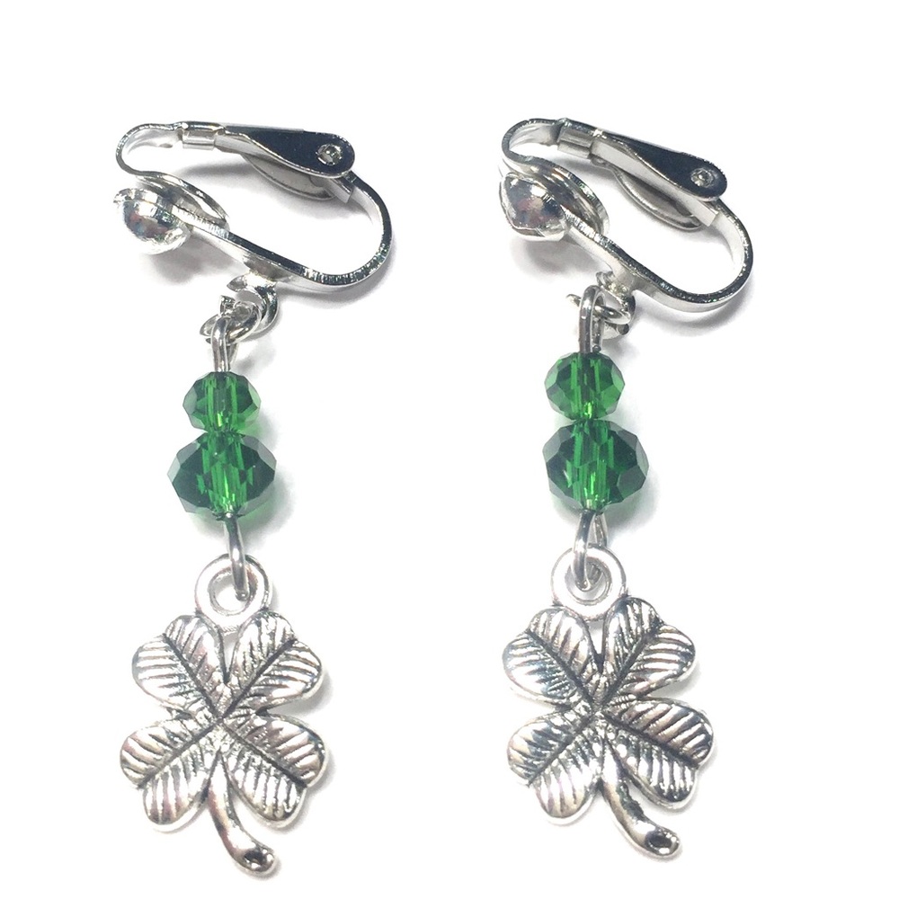 Handmade Silver Color Shamrock Green Clip On Earrings Women St. Patrick’s Day